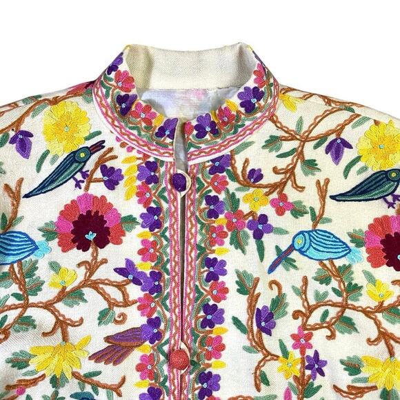 Vintage 70s Birds of Paradise Floral Embroidered Wool Jacket - XL - Picture 3 of 7